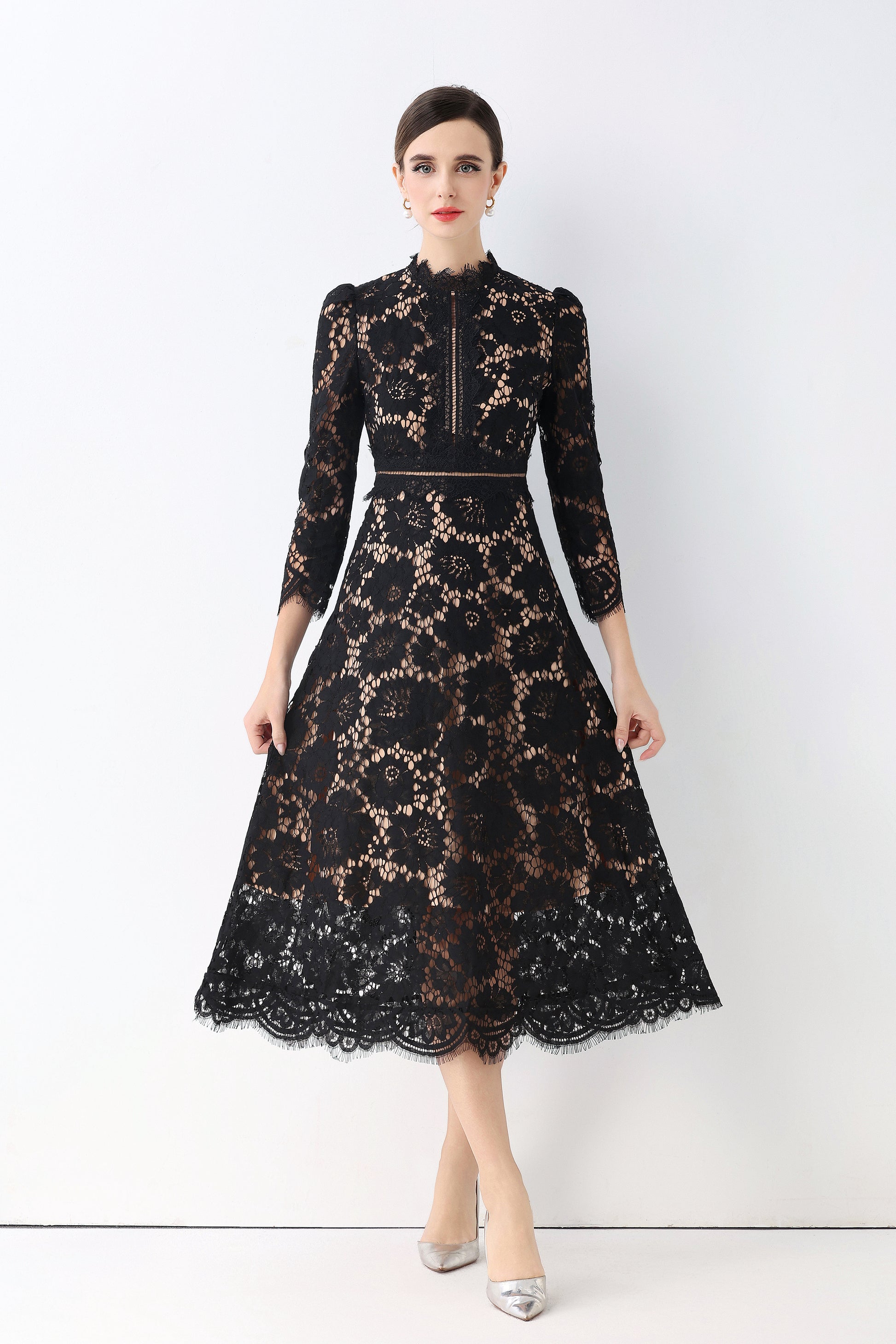 Women's 3/4 Sleeve Lace Overlay Midi Dress - LAI MENG FIVE CATS