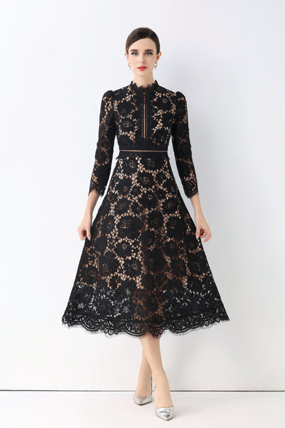 Women's 3/4 Sleeve Lace Overlay Midi Dress - LAI MENG FIVE CATS