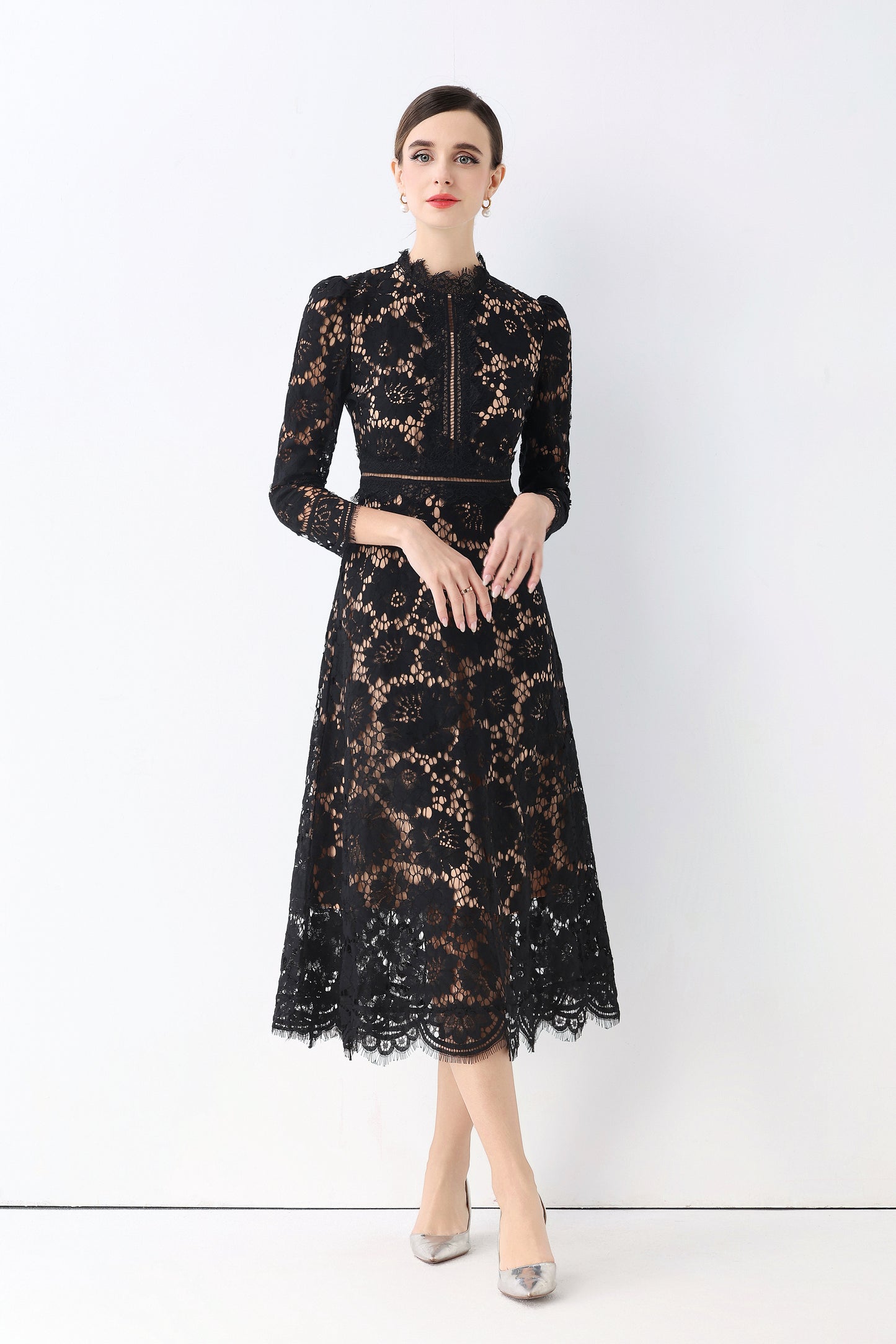 Women's 3/4 Sleeve Lace Overlay Midi Dress - LAI MENG FIVE CATS