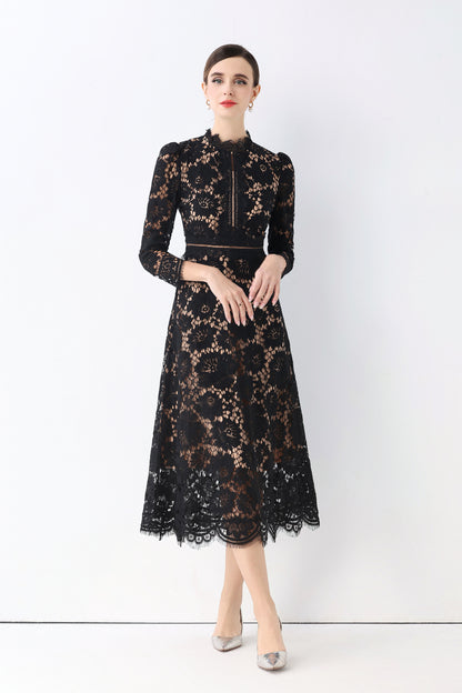 Women's 3/4 Sleeve Lace Overlay Midi Dress - LAI MENG FIVE CATS