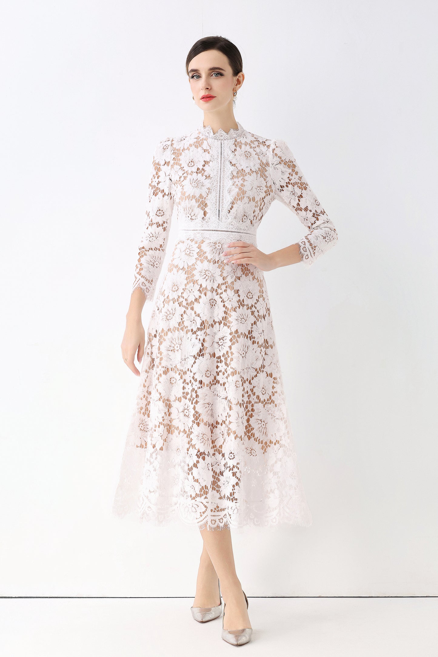 Women's 3/4 Sleeve Lace Overlay Midi Dress - LAI MENG FIVE CATS