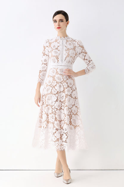 Women's 3/4 Sleeve Lace Overlay Midi Dress - LAI MENG FIVE CATS