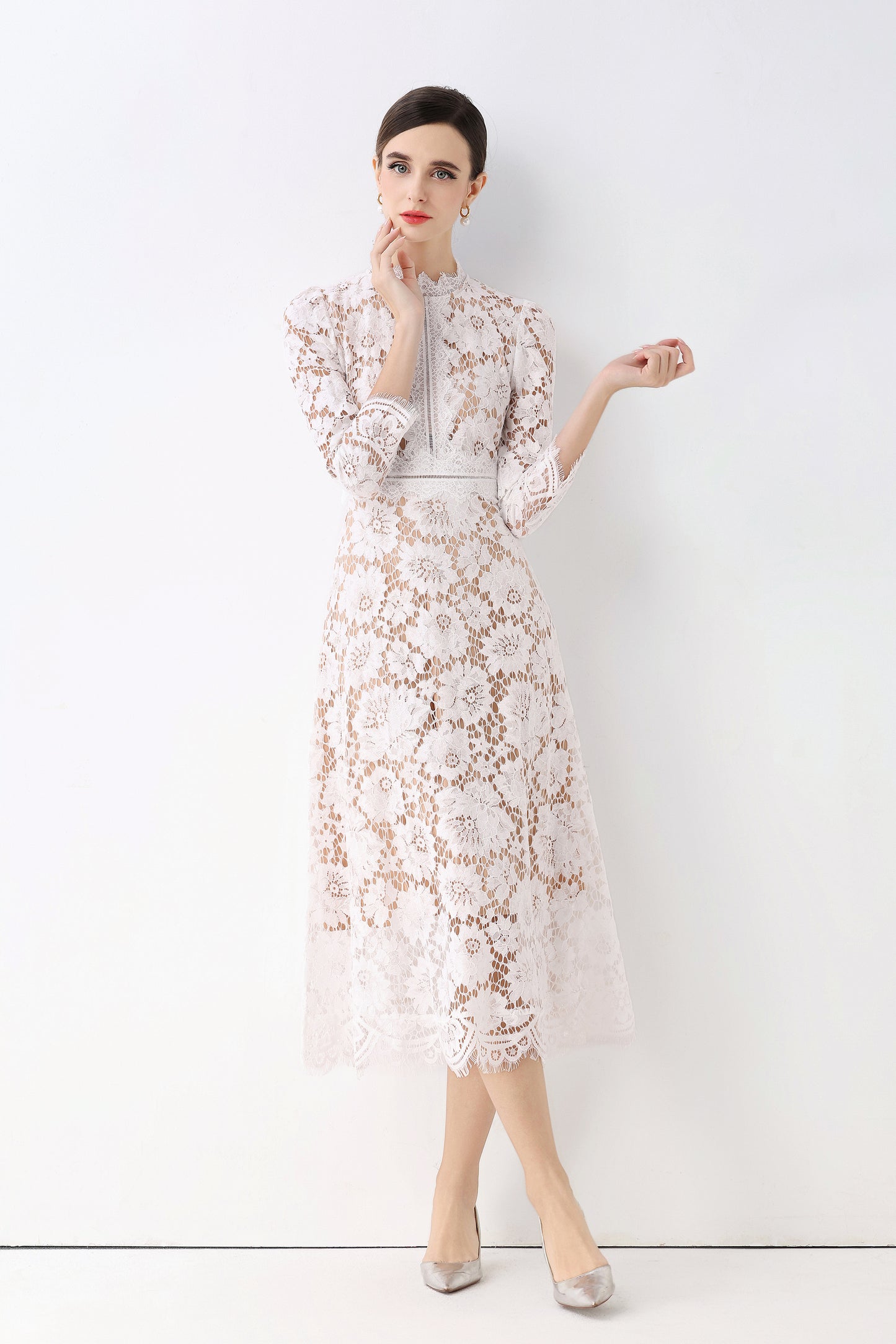 Women's 3/4 Sleeve Lace Overlay Midi Dress - LAI MENG FIVE CATS