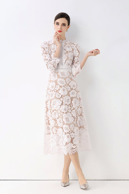 Women's 3/4 Sleeve Lace Overlay Midi Dress - LAI MENG FIVE CATS