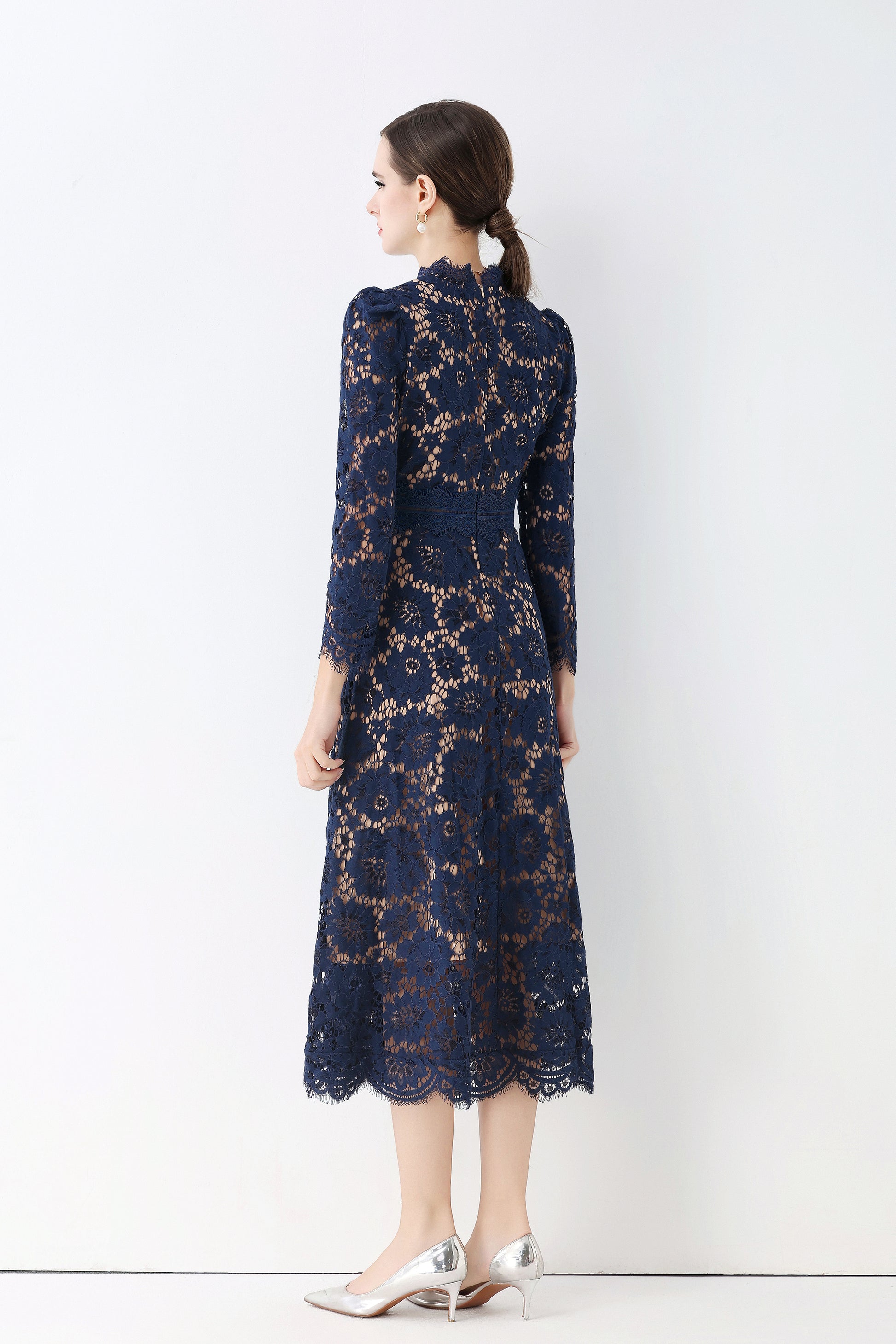 Women's 3/4 Sleeve Lace Overlay Midi Dress - LAI MENG FIVE CATS