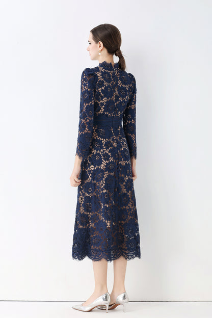 Women's 3/4 Sleeve Lace Overlay Midi Dress - LAI MENG FIVE CATS