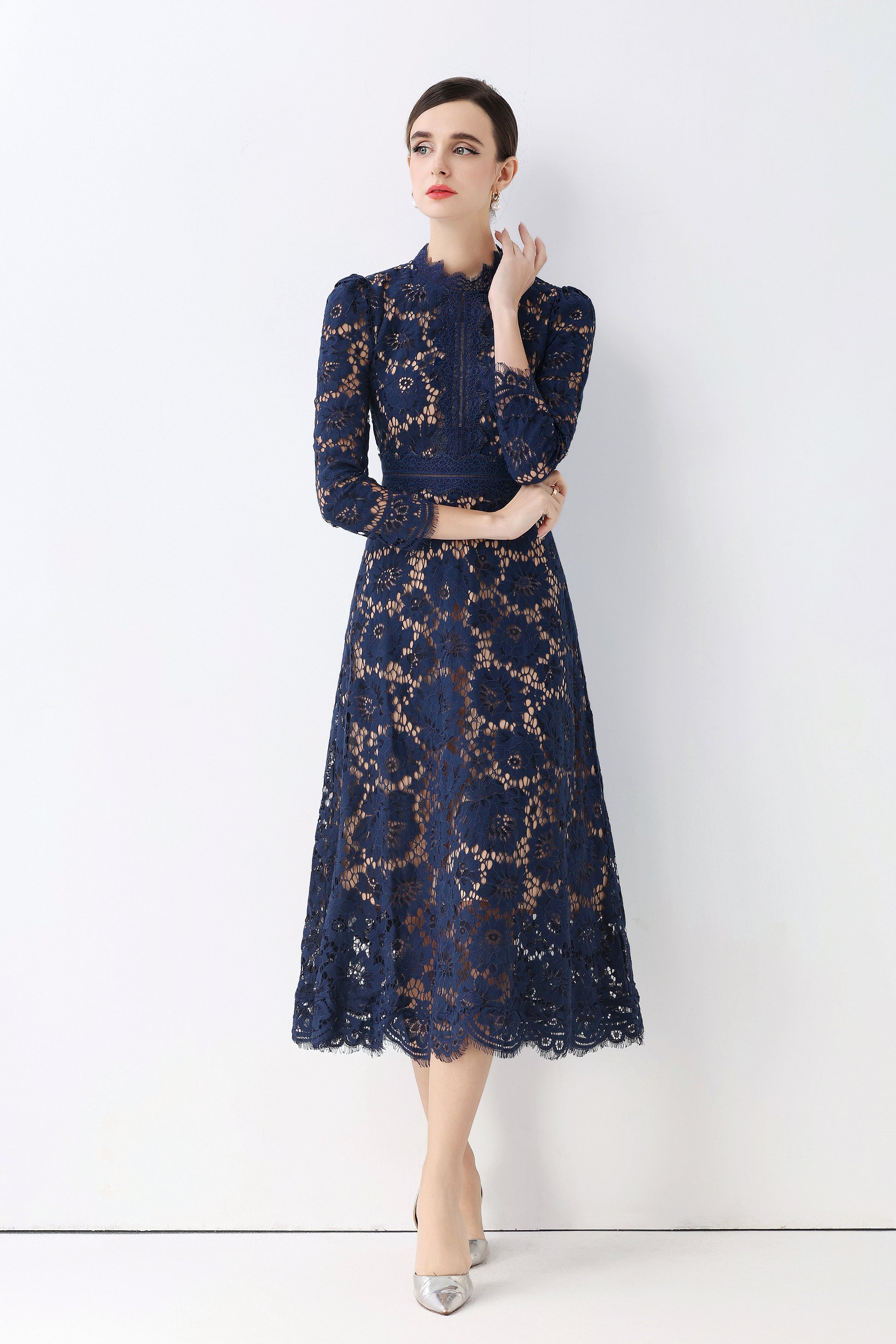 Women's 3/4 Sleeve Lace Overlay Midi Dress - LAI MENG FIVE CATS