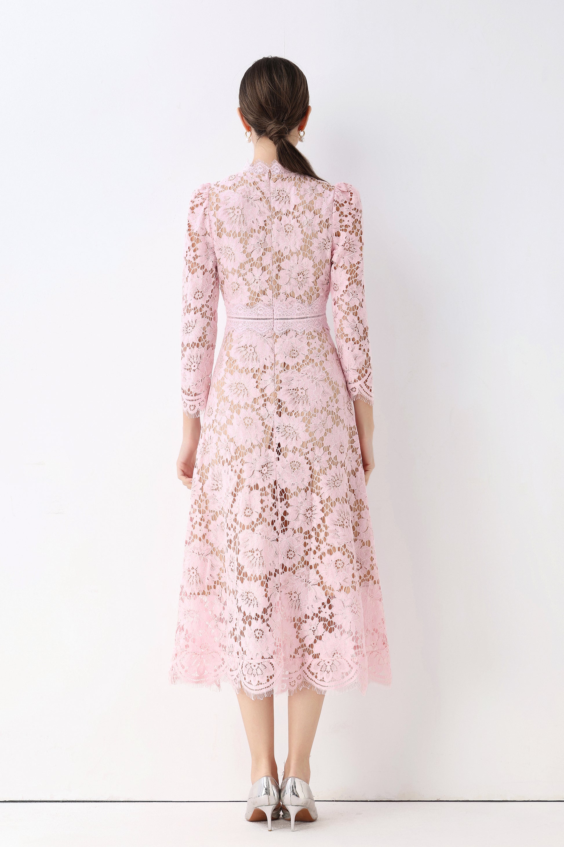 Women's 3/4 Sleeve Lace Overlay Midi Dress - LAI MENG FIVE CATS