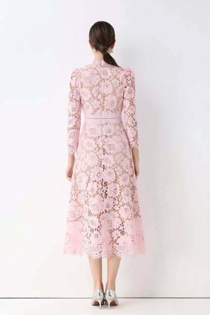 Women's 3/4 Sleeve Lace Overlay Midi Dress - LAI MENG FIVE CATS