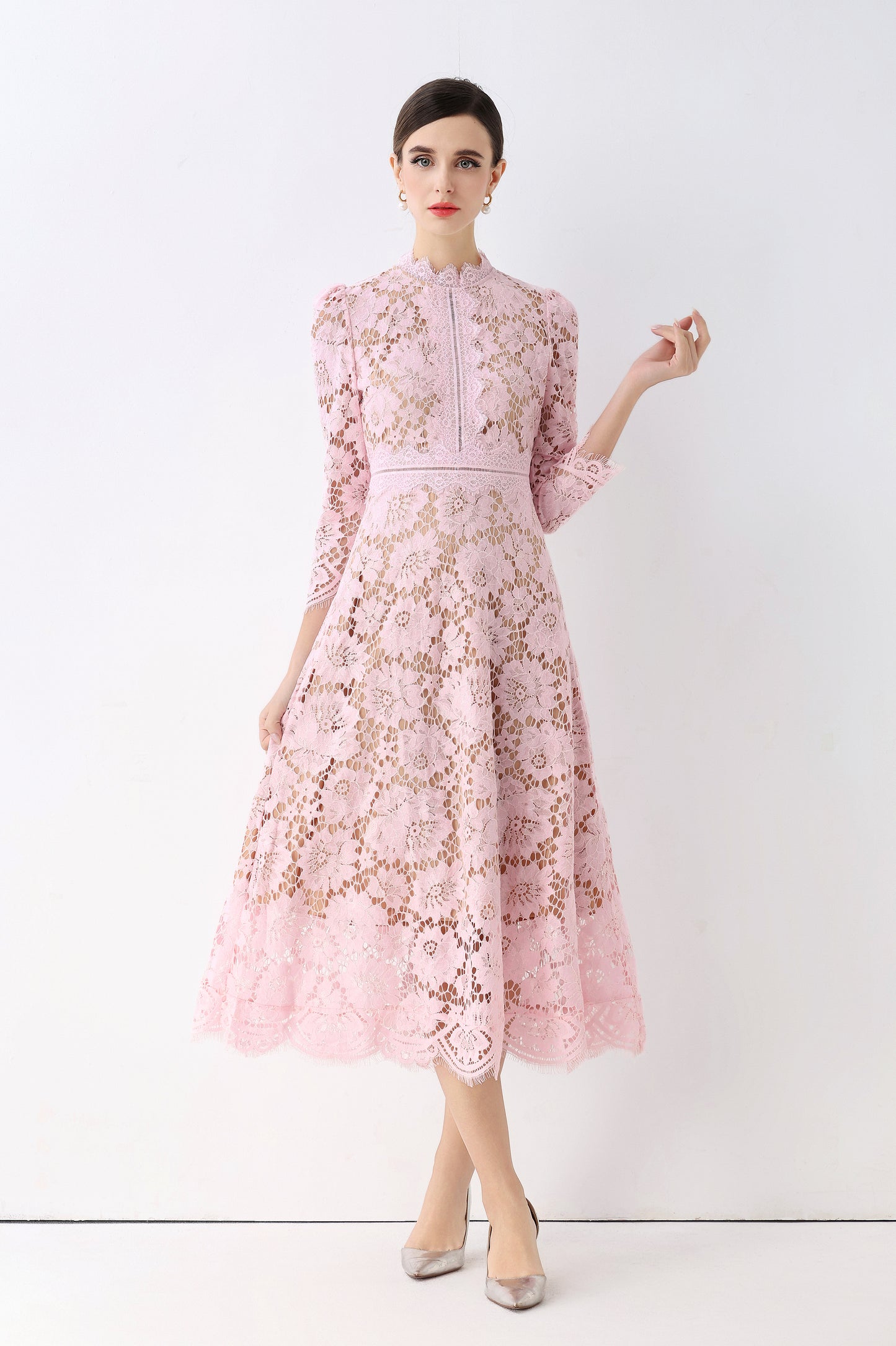 Women's 3/4 Sleeve Lace Overlay Midi Dress - LAI MENG FIVE CATS