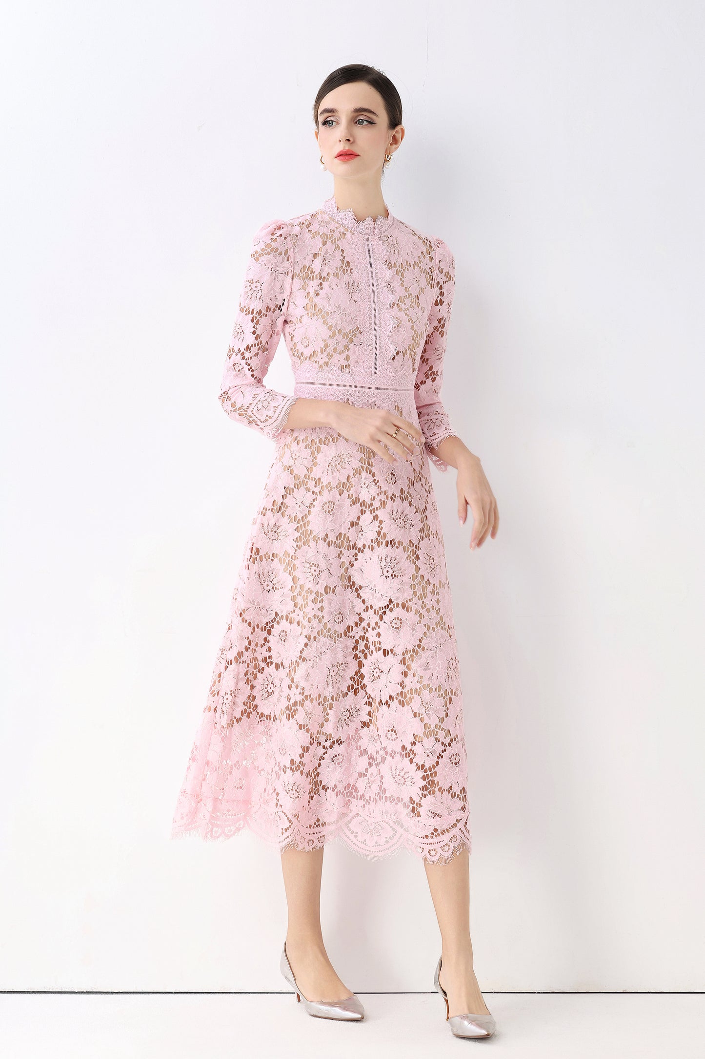 Women's 3/4 Sleeve Lace Overlay Midi Dress - LAI MENG FIVE CATS