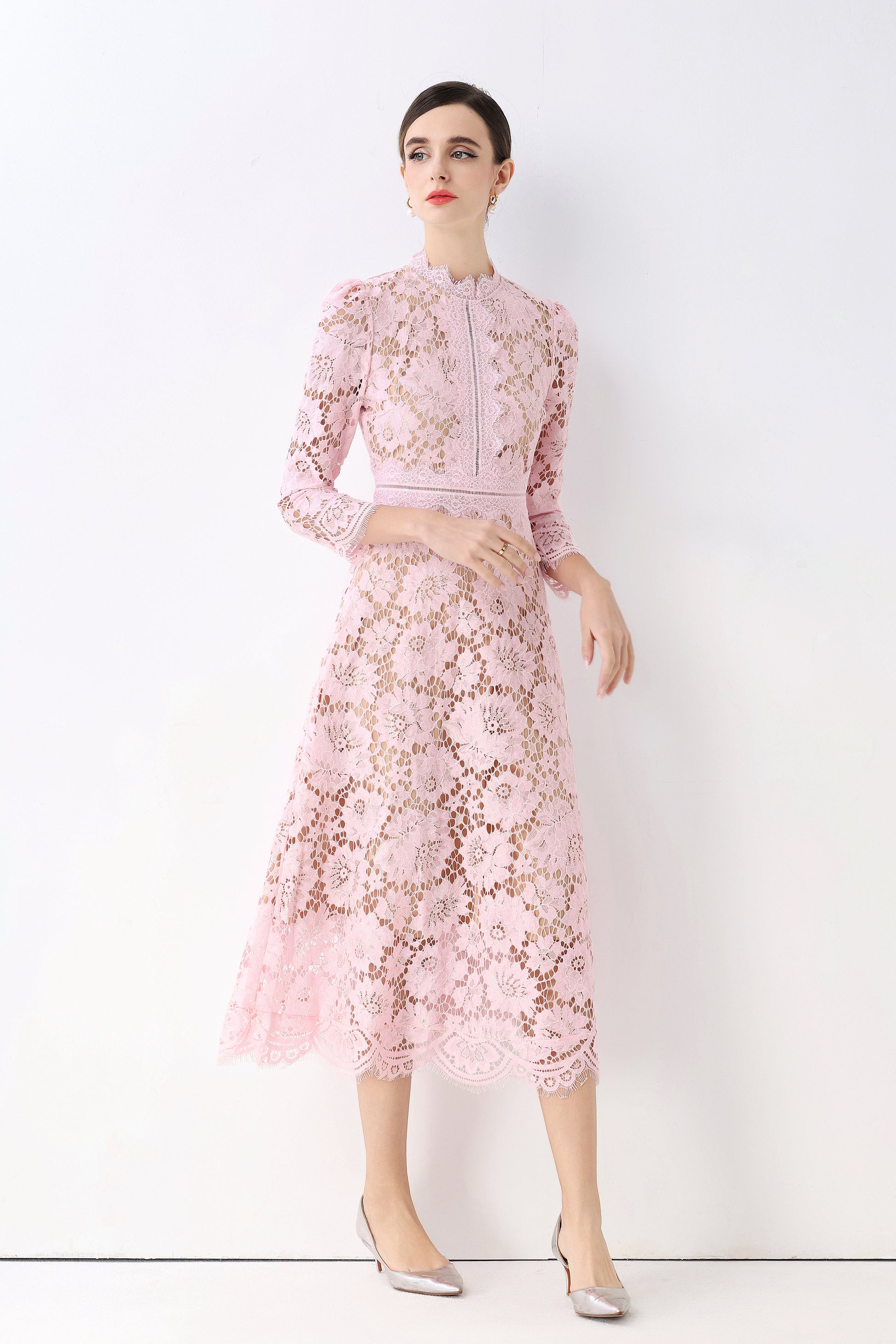 Women's 3/4 Sleeve Lace Overlay Midi Dress - LAI MENG FIVE CATS