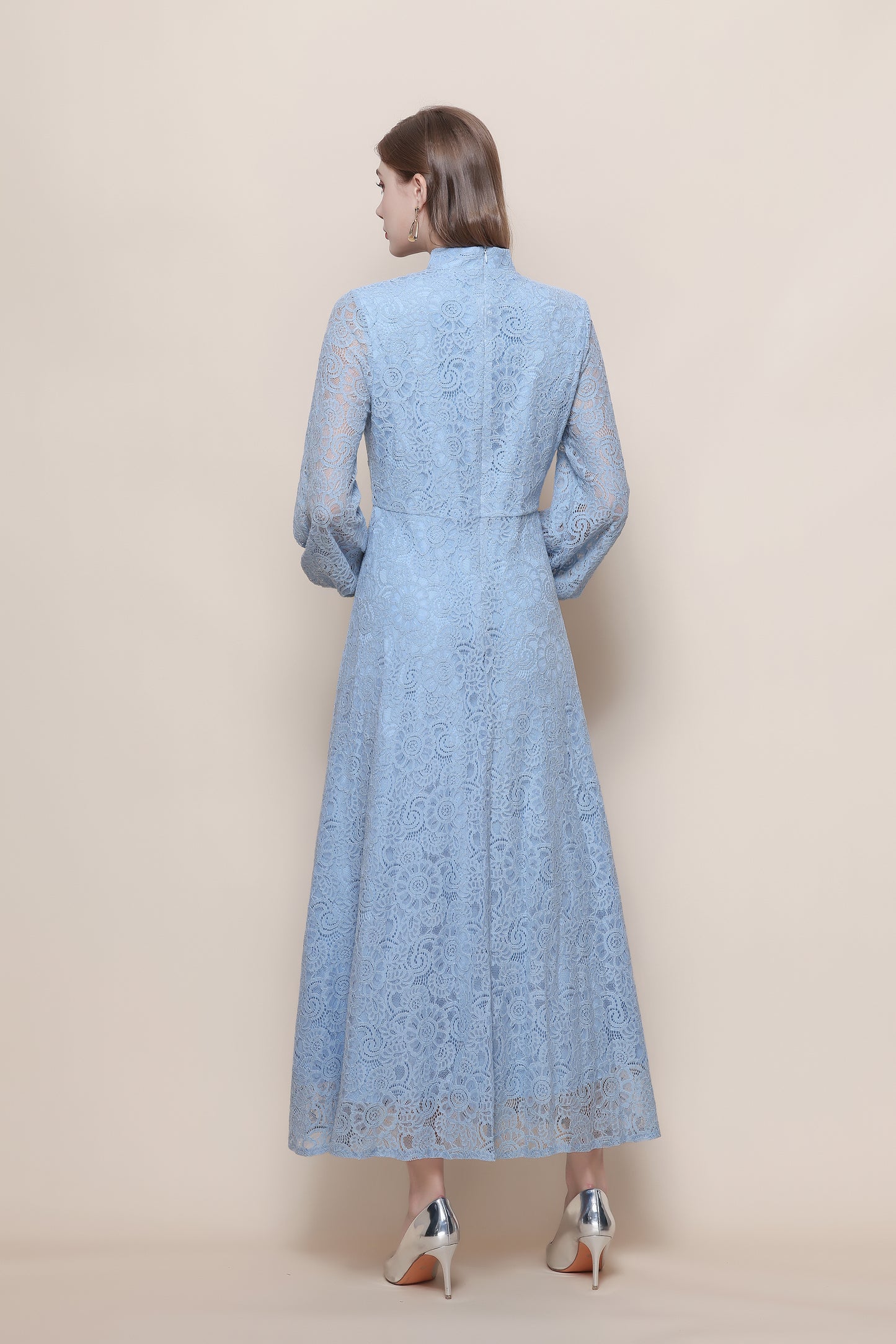 Women's Lace Mandarin Collar High Waist Maxi Dress - LAI MENG FIVE CATS