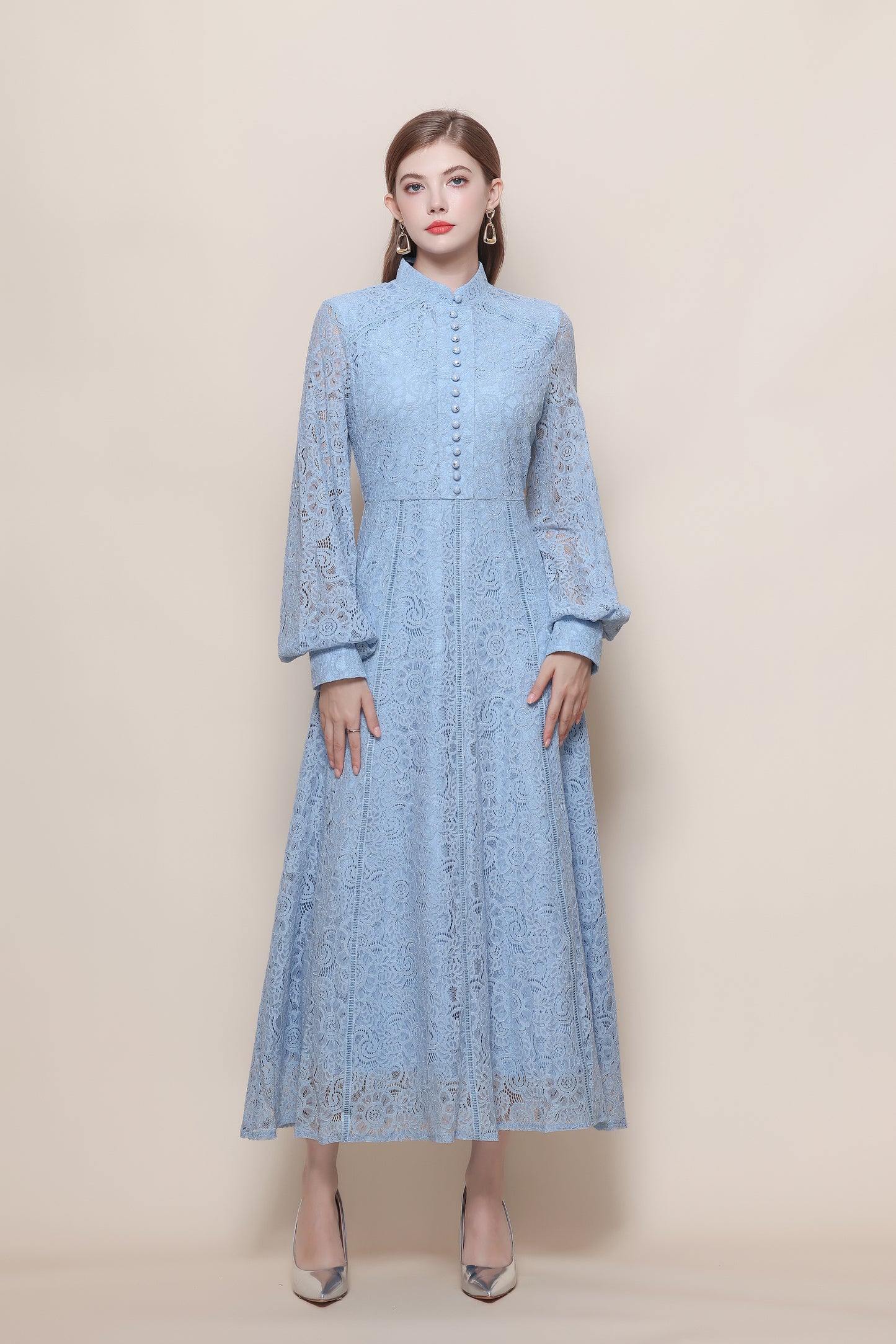 Women's Lace Mandarin Collar High Waist Maxi Dress - LAI MENG FIVE CATS