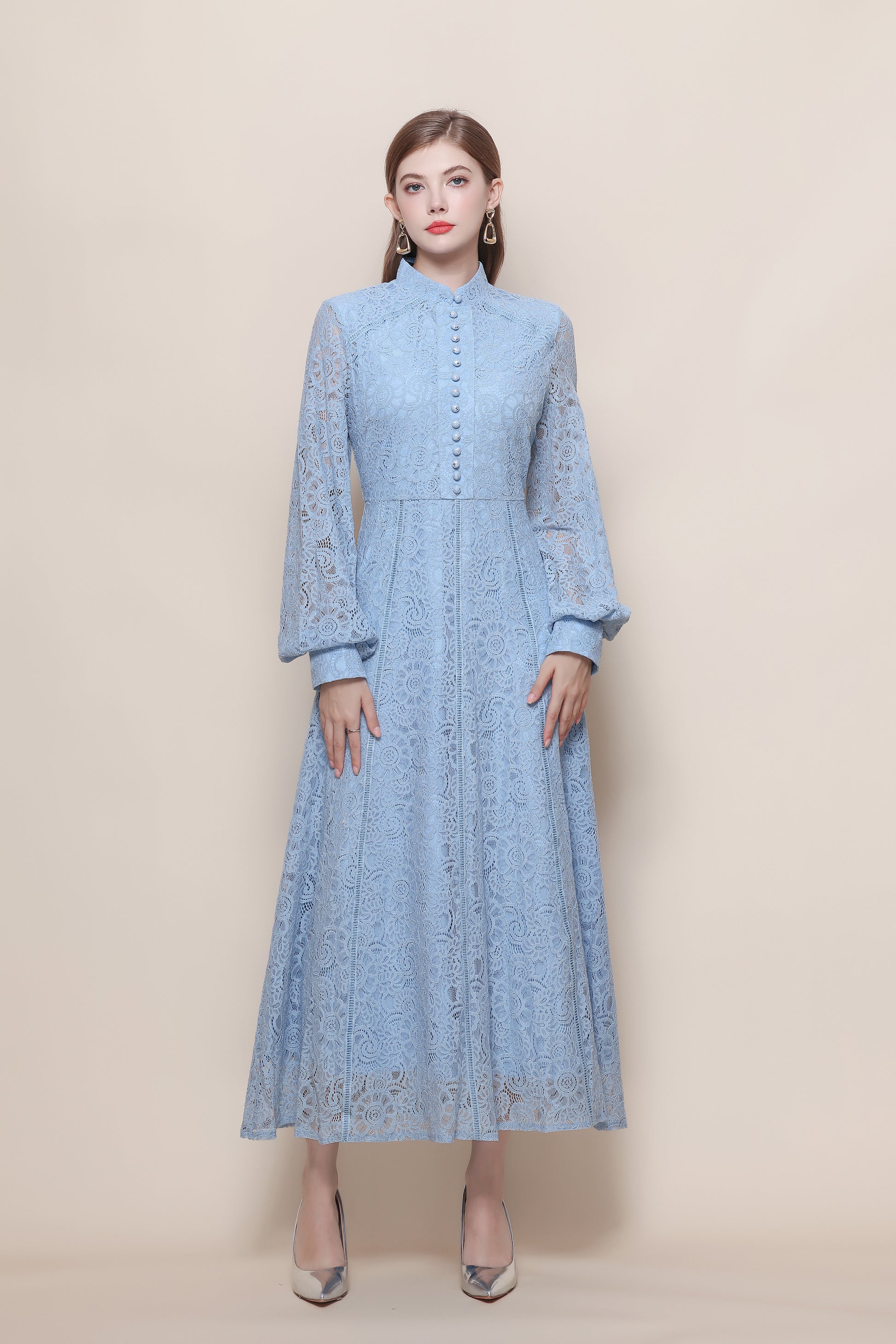 Women's Lace Mandarin Collar High Waist Maxi Dress - LAI MENG FIVE CATS