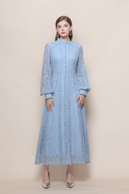 Women's Lace Mandarin Collar High Waist Maxi Dress - LAI MENG FIVE CATS