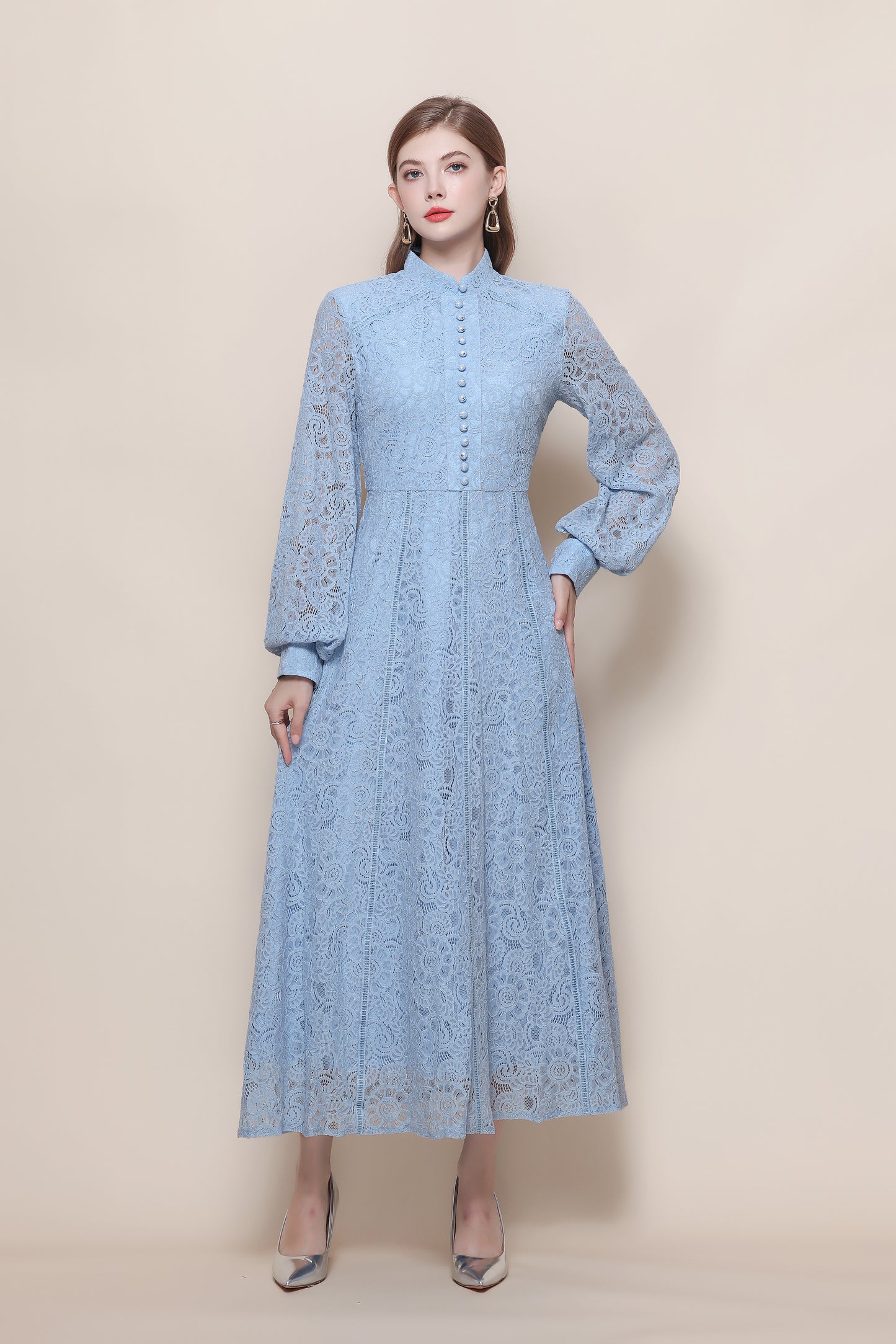 Women's Lace Mandarin Collar High Waist Maxi Dress - LAI MENG FIVE CATS