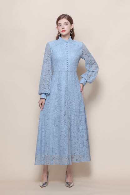 Women's Lace Mandarin Collar High Waist Maxi Dress - LAI MENG FIVE CATS