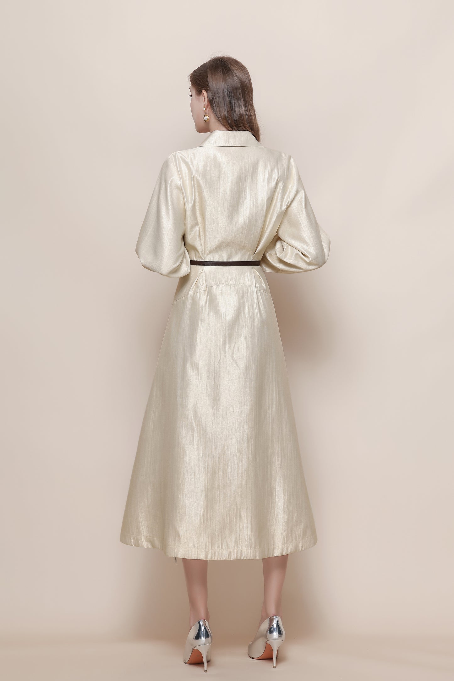 Women's V-Neck Silk Satin Puff Sleeve Button Midi Dress