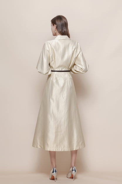 Women's V-Neck Silk Satin Puff Sleeve Button Midi Dress