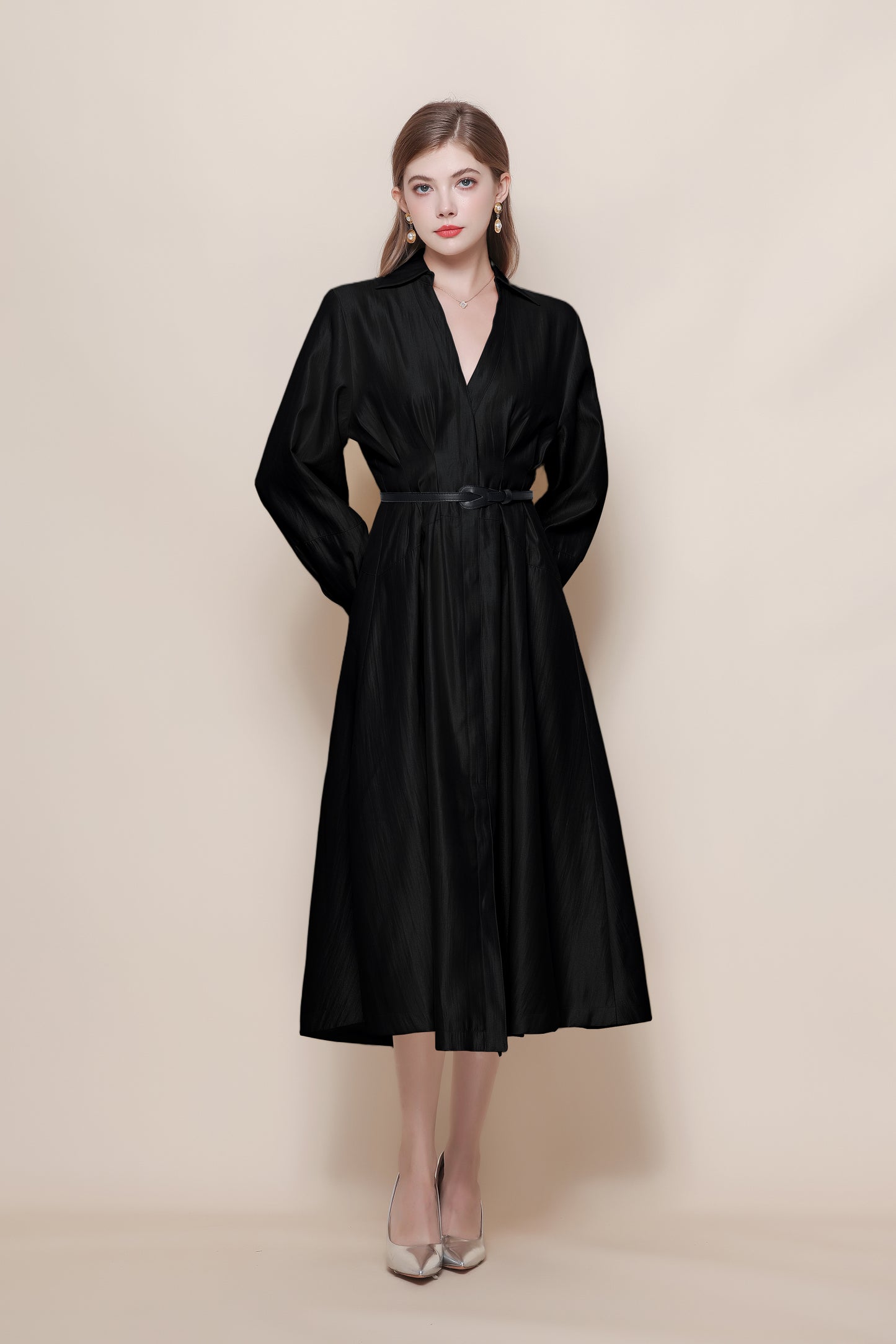 Women's V-Neck Silk Satin Puff Sleeve Button Midi Dress