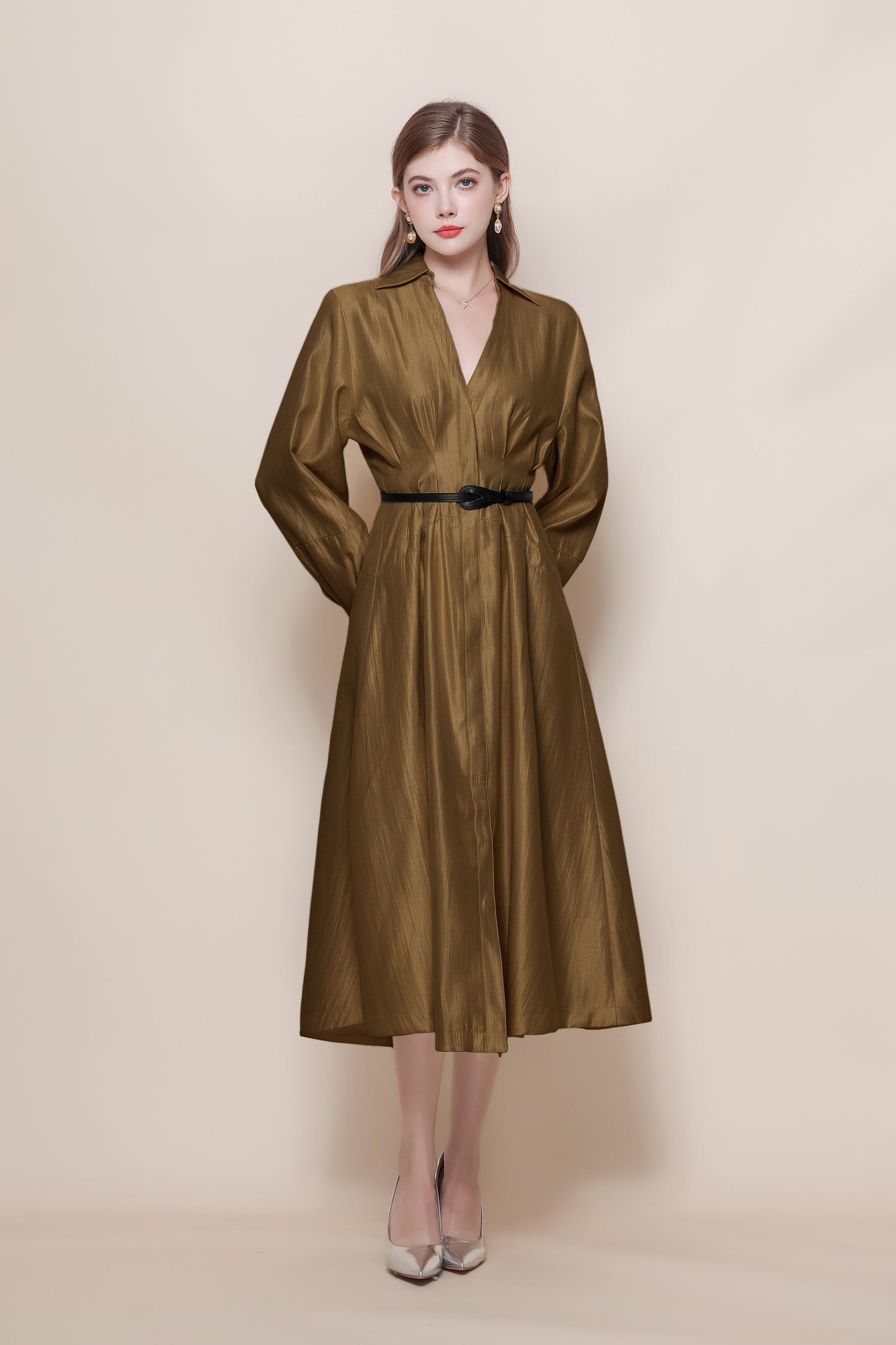 Women's V-Neck Silk Satin Puff Sleeve Button Midi Dress