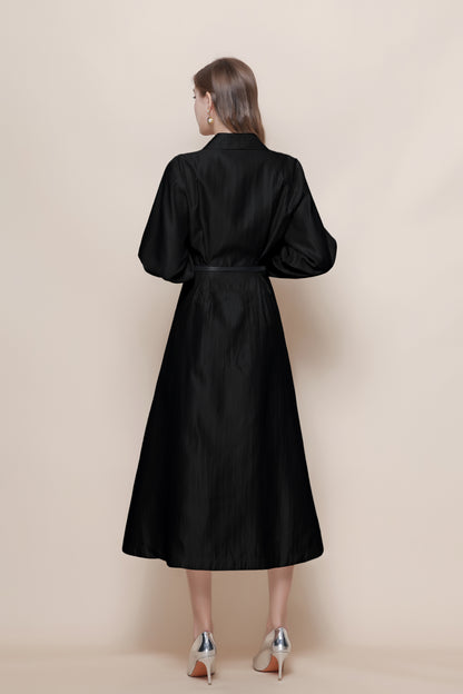 Women's V-Neck Silk Satin Puff Sleeve Button Midi Dress