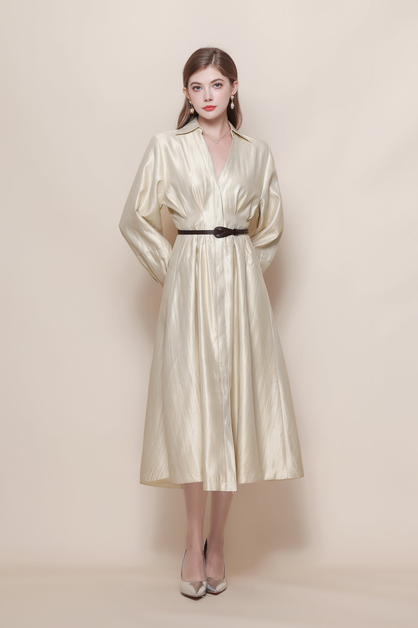Women's V-Neck Silk Satin Puff Sleeve Button Midi Dress