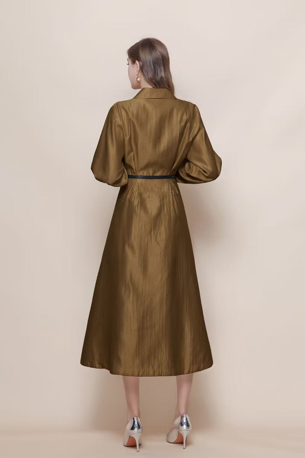 Women's V-Neck Silk Satin Puff Sleeve Button Midi Dress