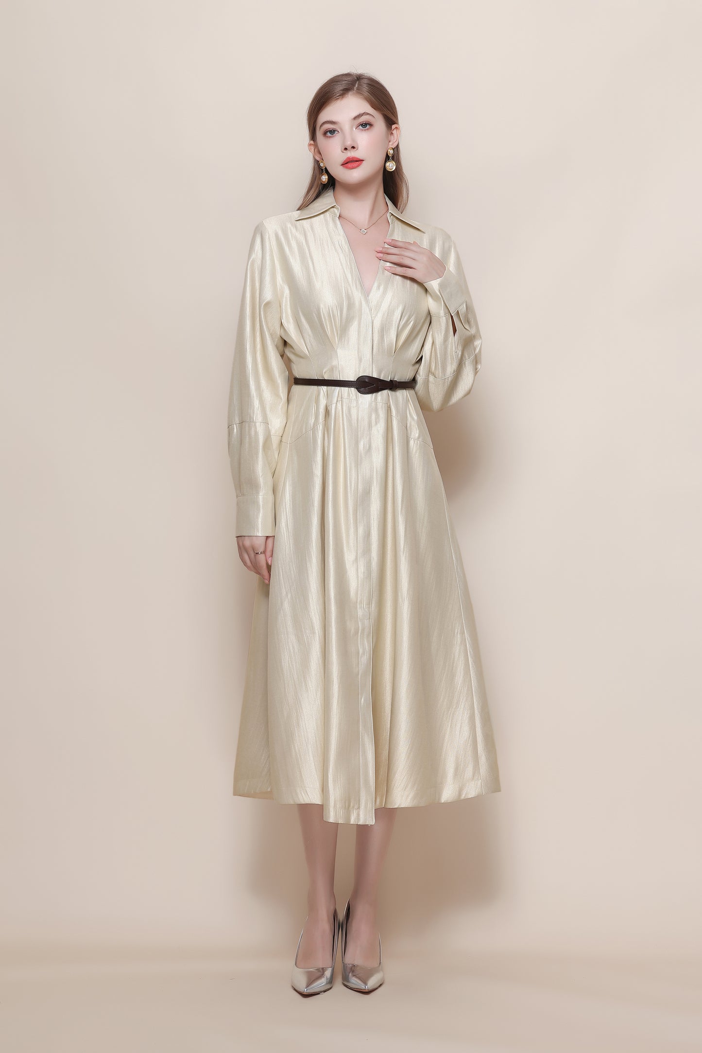 Women's V-Neck Silk Satin Puff Sleeve Button Midi Dress