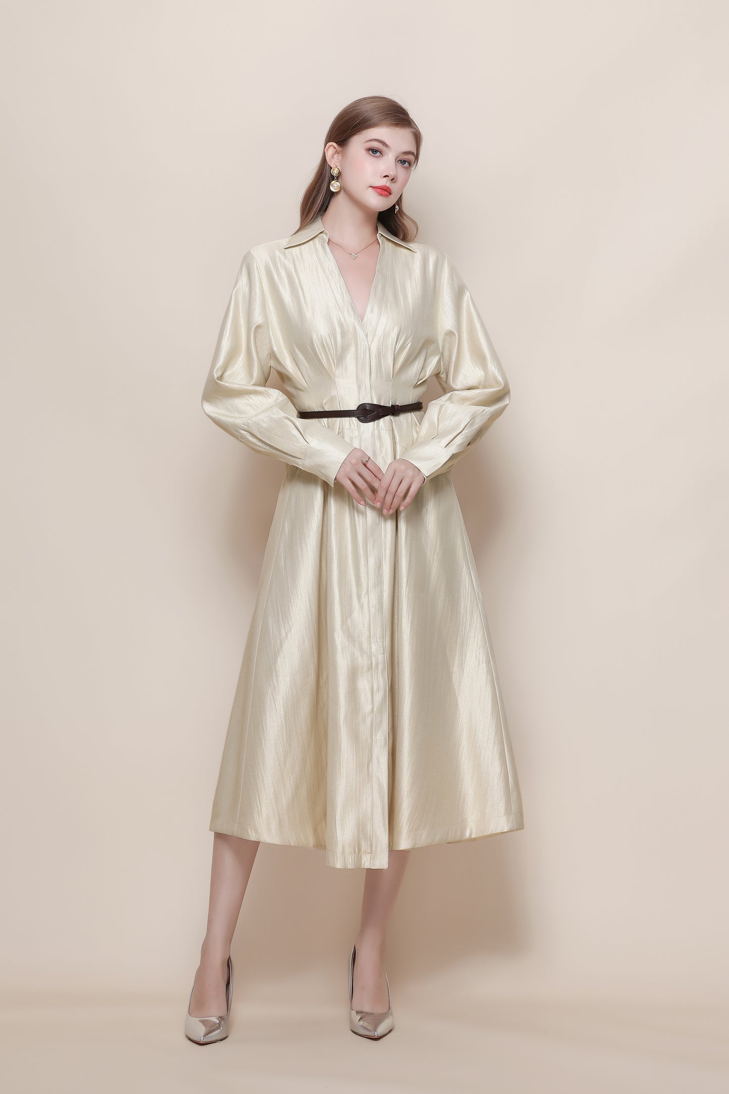 Women's V-Neck Silk Satin Puff Sleeve Button Midi Dress