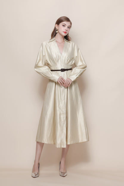 Women's V-Neck Silk Satin Puff Sleeve Button Midi Dress
