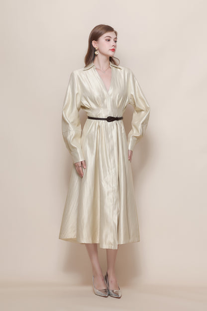 Women's V-Neck Silk Satin Puff Sleeve Button Midi Dress