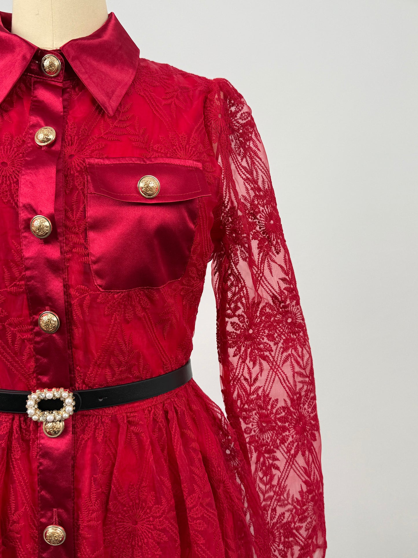 Women's Long Sleeve Lace Silk Patchwork Midi Dress - LAI MENG FIVE CATS