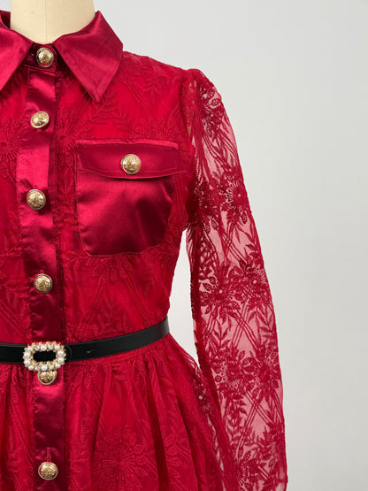 Women's Long Sleeve Lace Silk Patchwork Midi Dress - LAI MENG FIVE CATS