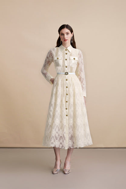 Women's Long Sleeve Lace Silk Patchwork Midi Dress - LAI MENG FIVE CATS