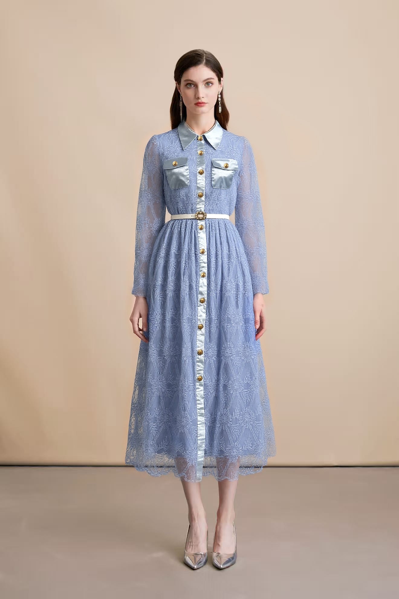 Women's Long Sleeve Lace Silk Patchwork Midi Dress - LAI MENG FIVE CATS