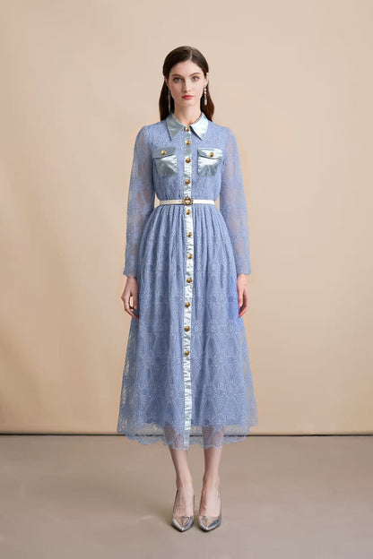 Women's Long Sleeve Lace Silk Patchwork Midi Dress - LAI MENG FIVE CATS