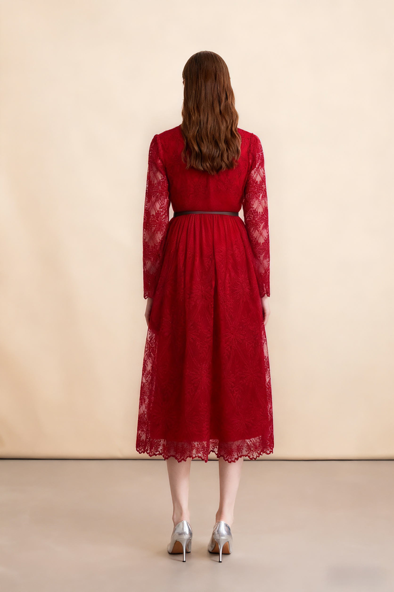 Women's Long Sleeve Lace Silk Patchwork Midi Dress - LAI MENG FIVE CATS