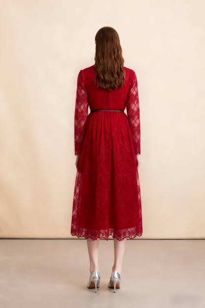 Women's Long Sleeve Lace Silk Patchwork Midi Dress - LAI MENG FIVE CATS