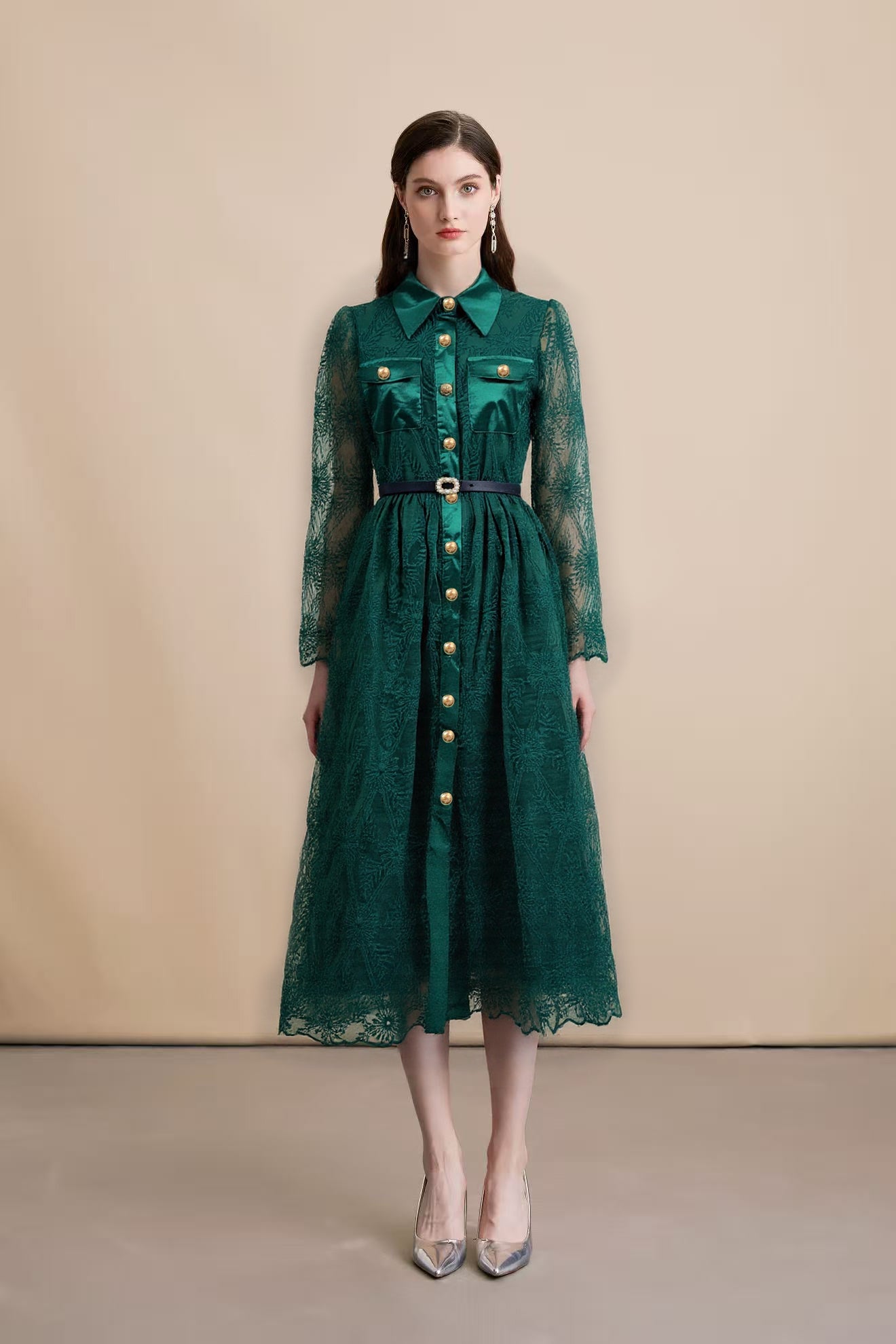 Women's Long Sleeve Lace Silk Patchwork Midi Dress - LAI MENG FIVE CATS