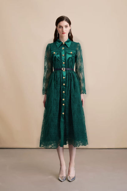 Women's Long Sleeve Lace Silk Patchwork Midi Dress - LAI MENG FIVE CATS