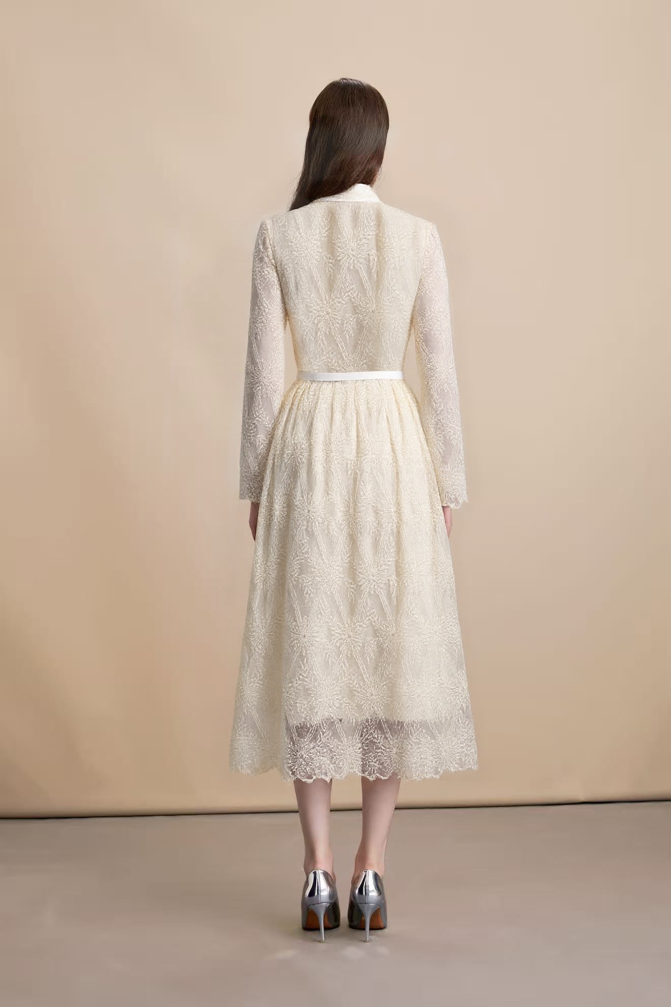 Women's Long Sleeve Lace Silk Patchwork Midi Dress - LAI MENG FIVE CATS