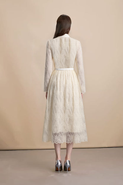 Women's Long Sleeve Lace Silk Patchwork Midi Dress - LAI MENG FIVE CATS