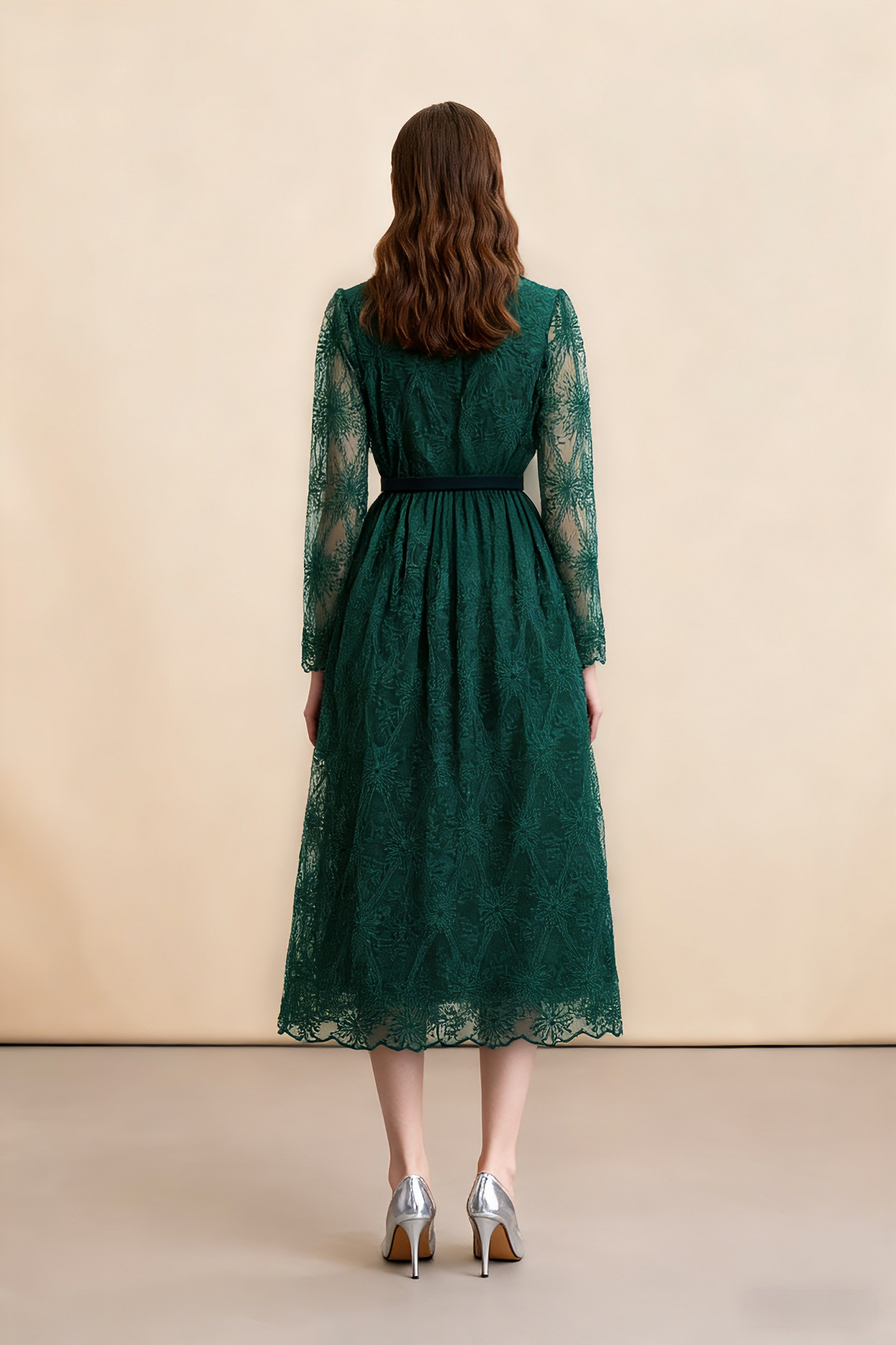 Women's Long Sleeve Lace Silk Patchwork Midi Dress - LAI MENG FIVE CATS