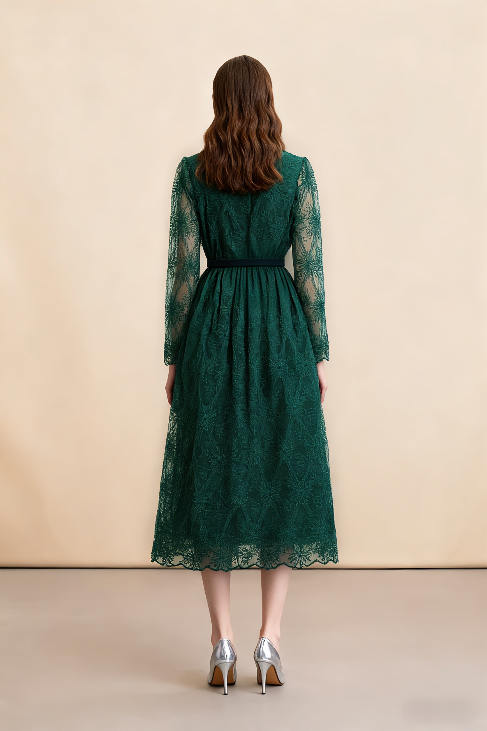 Women's Long Sleeve Lace Silk Patchwork Midi Dress - LAI MENG FIVE CATS