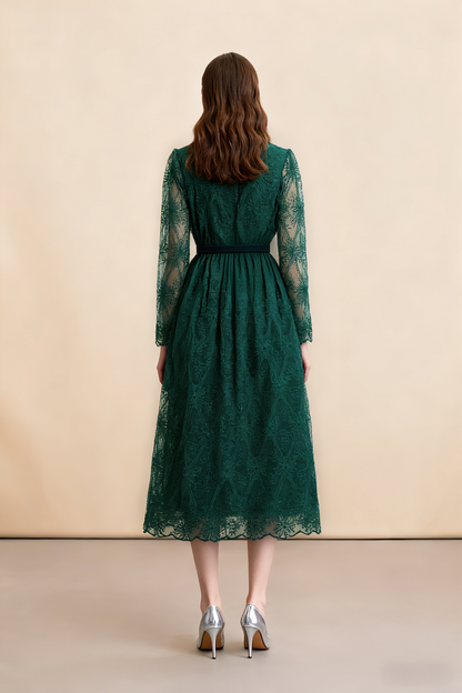 Women's Long Sleeve Lace Silk Patchwork Midi Dress - LAI MENG FIVE CATS