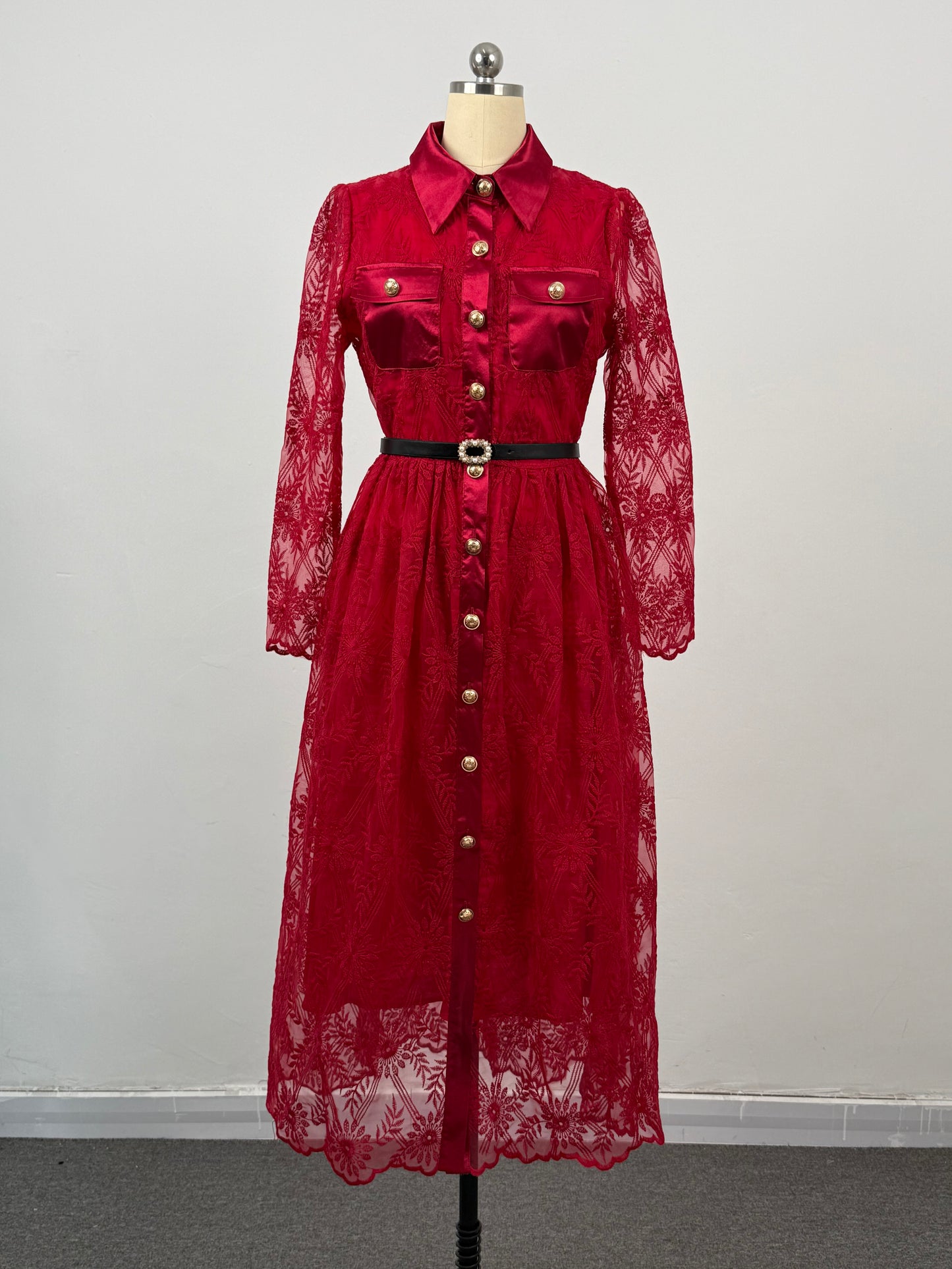 Women's Long Sleeve Lace Silk Patchwork Midi Dress - LAI MENG FIVE CATS