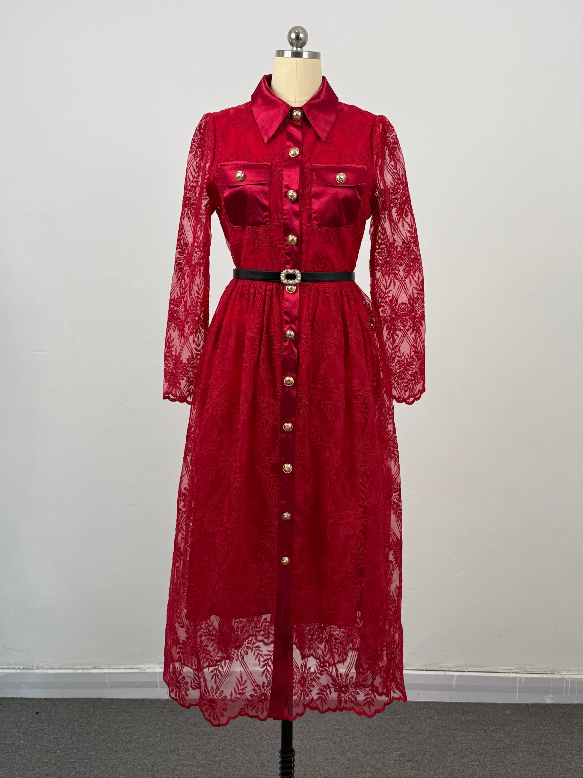 Women's Long Sleeve Lace Silk Patchwork Midi Dress - LAI MENG FIVE CATS