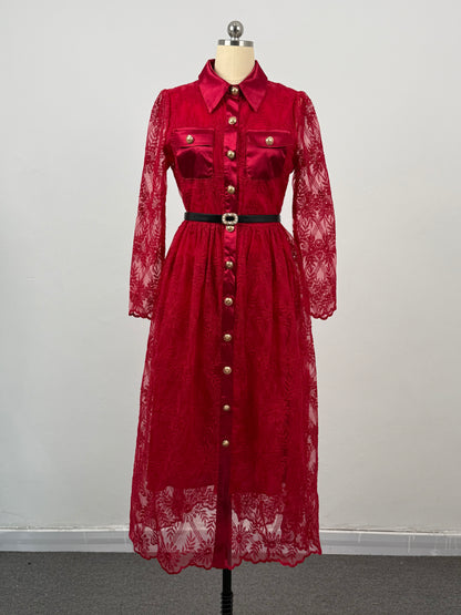 Women's Long Sleeve Lace Silk Patchwork Midi Dress - LAI MENG FIVE CATS